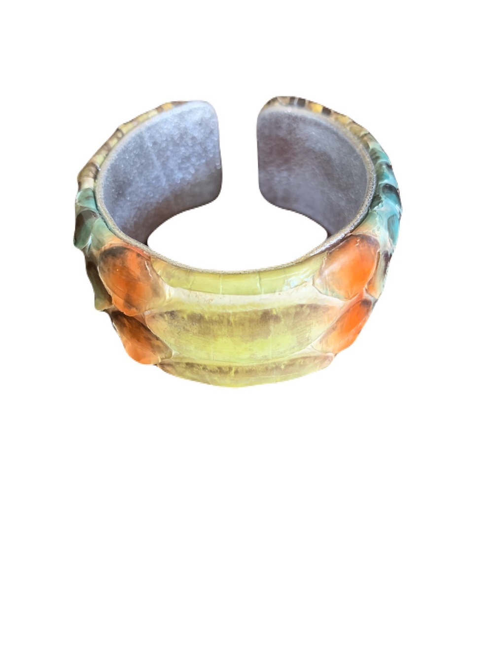 Handmade 1.25” Multicolor Snake Skin Cuff Bracelet USA Made Yellow Orange Blue
